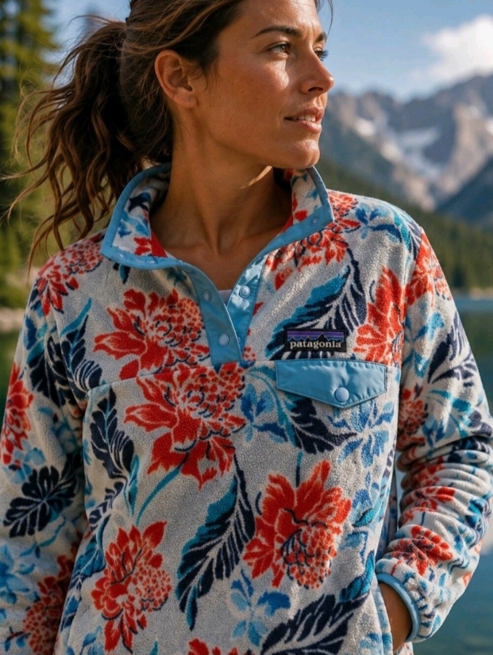 Patagonia Women's Floral Snap-T Fleece Jacket - Blue & Red